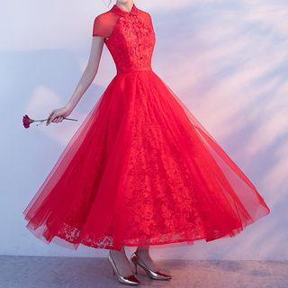 Short-sleeve Collared Evening Dress