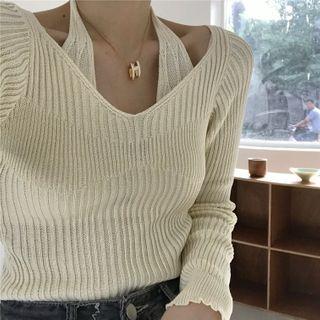 Mock Two-piece Knit Top Beige - One Size