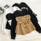 Color-block Mock Two-piece Crewneck Long-sleeve Blouse