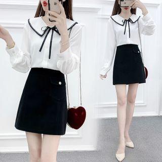 Set: Piped Bow-accent Blouse + A-line Skirt