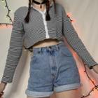Stripe Button-up Long Sleeve Cropped Top