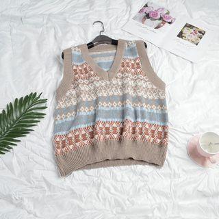 Patterned V-neck Vest As Shown In Figure - One Size