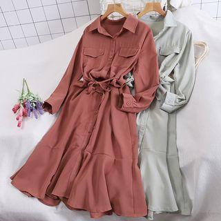 Plain Long-sleeve Ruffled Shirt Midi Dress