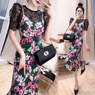 Set: Short-sleeve Lace Blouse + Spaghetti Strap Floral Print Midi Mermaid Dress