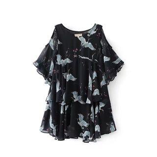 Crane Print Cut Out Shoulder Elbow Sleeve Dress