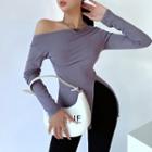 Long-sleeve Side-slit One-shoulder T-shirt