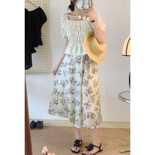 Puff-sleeve Shirred Top / Flower Print Midi Skirt