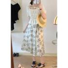 Puff-sleeve Shirred Top / Flower Print Midi Skirt