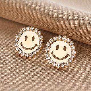 Rhinestone Smiley Face Earring Qr092 - 1 Pair - Gold - One Size