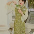 Bell-sleeve Floral Print Midi Qipao Dress