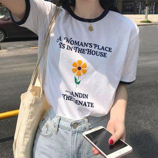 Short-sleeve Flower Print T-shirt Yellow Flowers - White - One Size