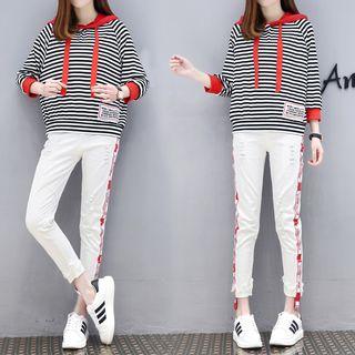 Set: Striped Hoodie + Cropped Ripped Jeans