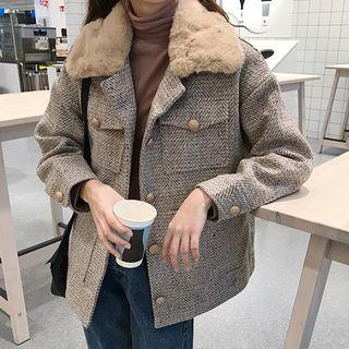 Fleece Collar Buttoned Jacket Khaki - One Size