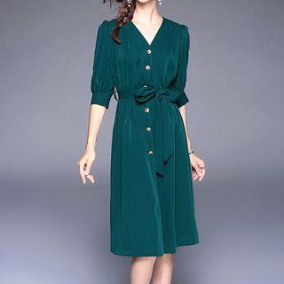 3/4-sleeve Midi Shirt Dress With Sash