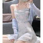 Long-sleeve Knit Cardigan / Printed Chiffon Strappy Dress