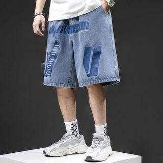 Lettering Denim Wide-leg Shorts
