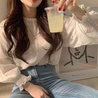 Plain Lace Puff-sleeve Blouse White - One Size