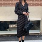 Long-sleeve V-neck Plain Plaid Dress As Shown In Figure - One Size