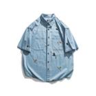 Embroidered Pocket-front Short-sleeve Denim Shirt
