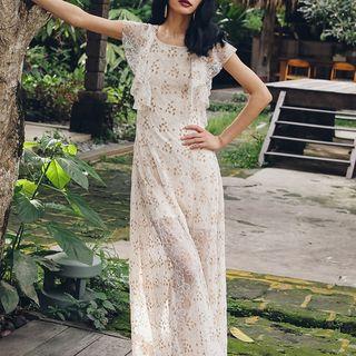 Short-sleeve Lace Embroidered Maxi Dress