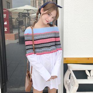 Chevron Knit Panel Off Shoulder Shirt Dress