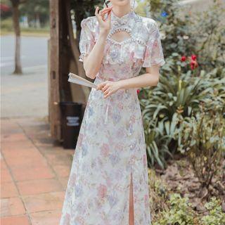 Short-sleeve Floral Print Slit Midi A-line Qipao