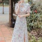 Short-sleeve Floral Print Slit Midi A-line Qipao