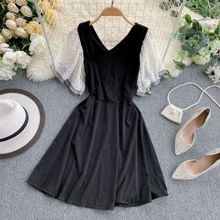 Chiffon Panel Short-sleeve A-line Dress Black - One Size