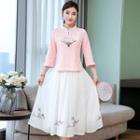 Set: Fan Embroidered 3/4-sleeve Cheongsam Top + Midi Chiffon Skirt