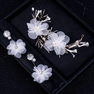 Set: Wedding Flower Head Piece + Earring Fd817 - Set - White - One Size