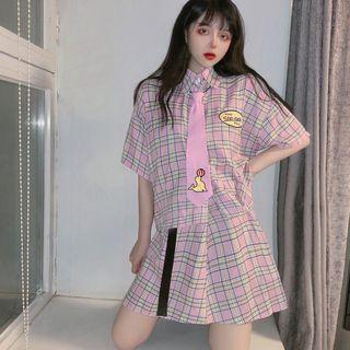Elbow-sleeve Tie-neck Plaid Shirt / A-line Skirt