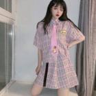 Elbow-sleeve Tie-neck Plaid Shirt / A-line Skirt