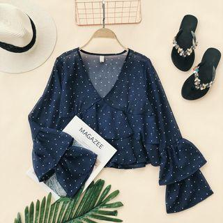 Ruffle-trim Dotted V-neck Blouse