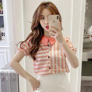 Short-sleeve Stripe Panel Chiffon Blouse