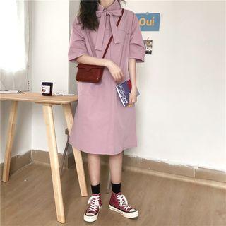 Tie-neck Short-sleeve Plain Dress Light Purple - One Size