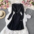 Contrast Trim Ruffled Long-sleeve Midi A-line Dress Black - One Size