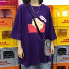 Elbow-sleeve Pig Print T-shirt Purple - One Size
