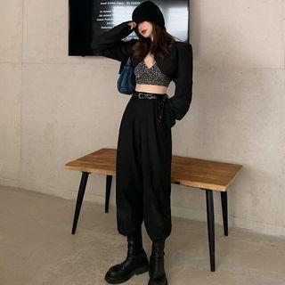 Plain Cropped Jacket / High-waist Dress Pants / Leopard Print Cropped Camisole Top
