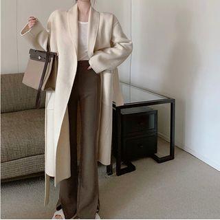 Collared Open-front Midi Coat / High-waist Straight-leg Pants