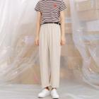Set: Short Sleeve Striped T-shirt + Straight Cut Plain Pants With Belt
