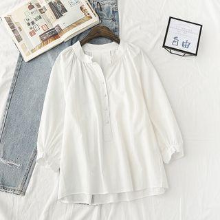3/4-sleeve Split-neck Henley Blouse White - One Size