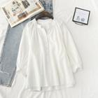 3/4-sleeve Split-neck Henley Blouse White - One Size