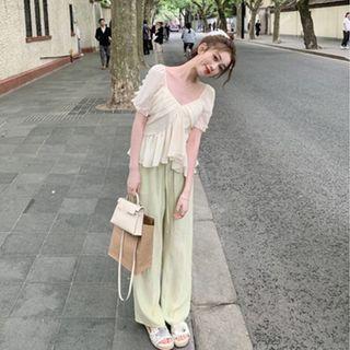 Short-sleeve Chiffon Blouse / Wide-leg Pants