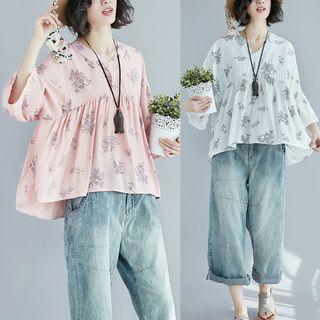 Flower Print Elbow-sleeve Top