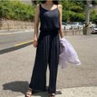 Set: Camisole Top + Band-waist Pants Navy Blue - One Size
