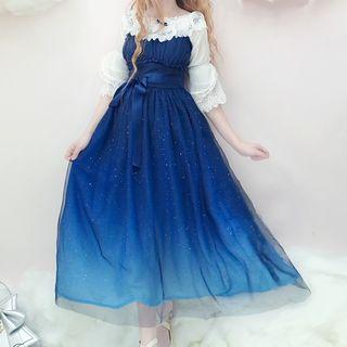 Elbow-sleeve Lace Shirt / Spaghetti Strap A-line Midi Dress
