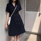 Double-breasted Short-sleeve A-line Dress Navy Blue - One Size