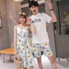 Women Pineapple Print Sundress / Men Set: T-shirt + Shorts