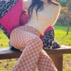 Floral-accent Cropped Sweater / Checkerboard Flared Pants