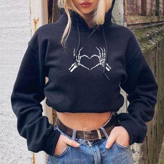 Heart Printed Crop Hoodie